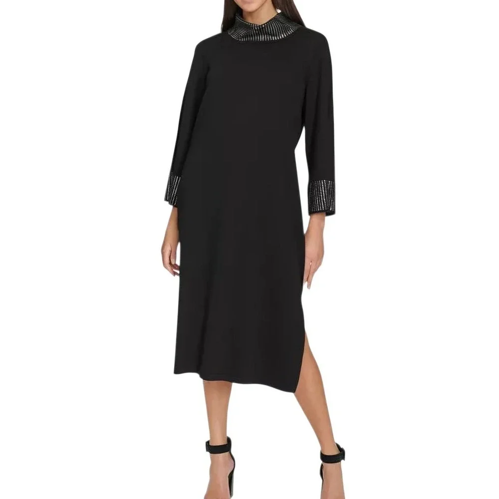 Calvin Klein‎ Women Black Mock Neck Embellished Sheath Dress Long Sleeve S